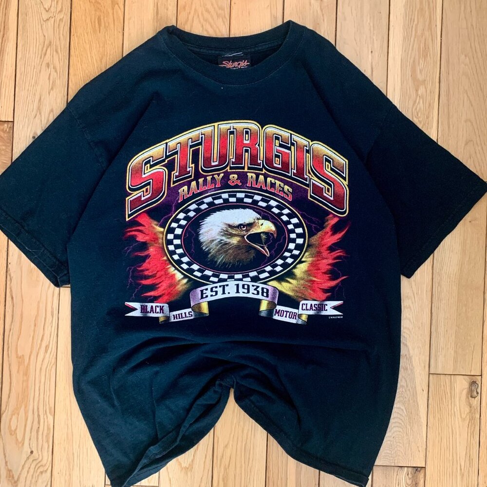 Vintage 90s Y2K Sturgis Rally & Races Eagle Racing Tee Tshirt Men's Large Black